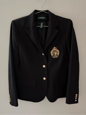Lauren Ralph Lauren Black Blazer Embroidered Crest Gold Button Size 10 Petite